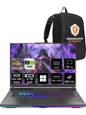 Asus Rog Strix G16 Ryzen 9 8940HX RTX5080 16GB 64GB Ram 4tb SSD 16" Fhd+ 165Hz WIN11 Pro G614PWRV036P449 Gaming Laptop + Per4 Çanta