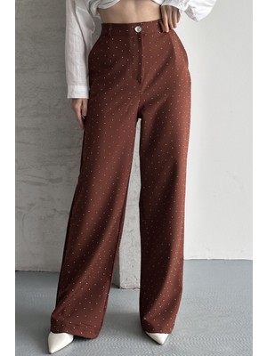 Moda Armanc Kadın Taşlı Yüksek Bel Siyah Palazzo Pantolon Geniş Paça Kumaş Pantolon