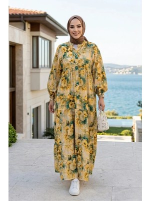Harma Time Butik Kadın Düğmeli Çiçek Desenli Sarı Modal Elbise