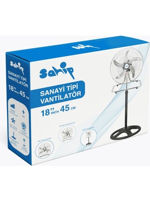 sbodurhome 3in1 Kullanım 18 Inç 45 cm Sanayi Tipi Ayaklı Vantilatör 5-Metal Pervane 3-Kademe Hız 75WY:1