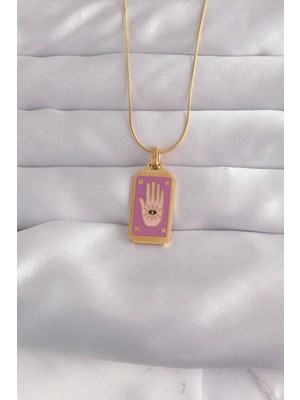 Mey İthalat Mey Ithalat® 316L Çelik Gold Renk Mor Mineli El Figür Tarot Kolye