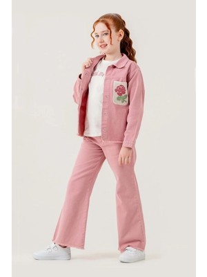Waka Waka Kids Store Kabartma Baskılı T-Shirt Püsküllü Kot Ceket Pantolonlu Kız Çocuk 3lü Takım - Pembe