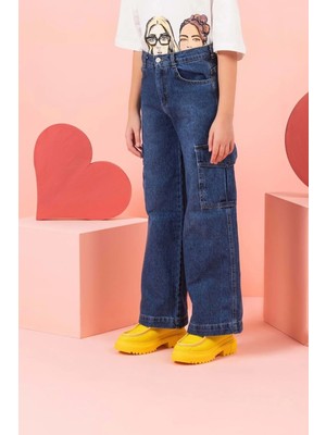 Waka Waka Kids Store Büyük Cepli Geniş Paça Açık Mavi Kız Çocuk Cargo Kot Pantolon (4-14 Yaş )Arası