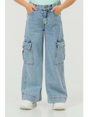 Waka Waka Kids Store Büyük Cepli Geniş Paça Açık Mavi Kız Çocuk Cargo Kot Pantolon (4-14 Yaş )Arası