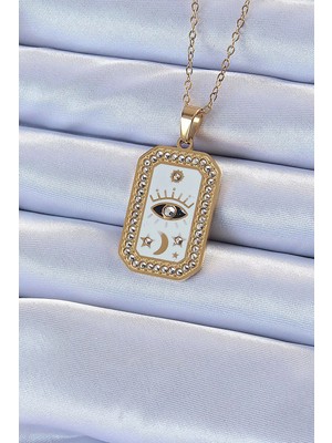 Mey İthalat Mey Ithalat® 316L Çelik Zincir Altın Renk Mineli Zirkon Taşlı Göz Figür Tarot Kolye