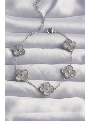 Svoria Store Mey Ithalat® 316L Çelik Gümüş Renk Motifli Yonca Bileklik