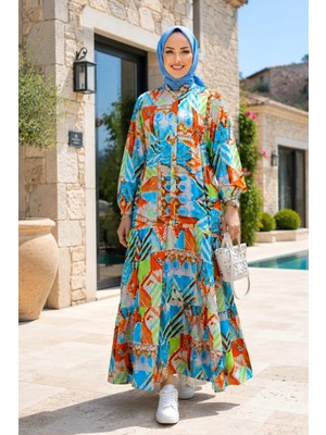 Harma Time Butik Kadın Düğmeli Çiçek Desenli Modal Elbise Mavi Rahat ve Şık Tasarım