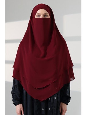 İhvan Online Tesettür Şifon Peçeli Üç Katlı Kısa Sufle Khimar, Pratik Hijab Şal Üçgen Kesim - Bordo