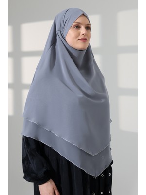 İhvan Online Tesettür Şifon Peçeli Üç Katlı Kısa Sufle Khimar, Pratik Hijab Şal Üçgen Kesim - Gri