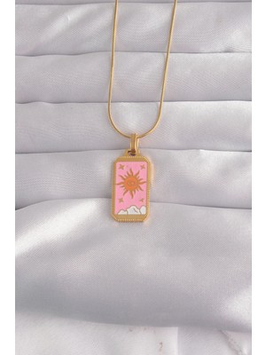 Svoria Store Mey Ithalat® 316L Çelik Gold Renk Pembe Mineli Güneş Model Tarot Kolye