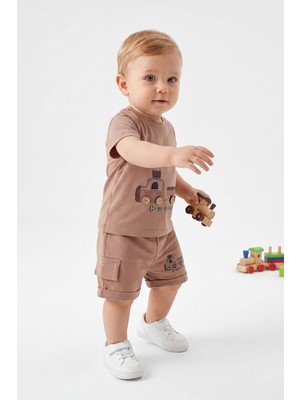 Joy Kids Erkek Bebek Ahşap Düğmeli Kargo Cepli Takım (9-24AY) (Kahverengi)