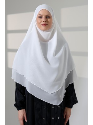 İhvan Online Tesettür Şifon Peçeli Üç Katlı Kısa Sufle Khimar, Pratik Hijab Şal Üçgen Kesim - Beyaz