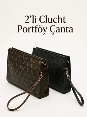 ZYN04 2’li Set Kadın Portföy El Çantası Bilek Askılı Şık Portföy Clutch Çanta Seti Siyah/kahverengi