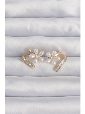 Mey İthalat Mey Ithalat® Pirinç Gold Renk Zirkon Taşlı Kıvrımlı Inci Çiçek Küpe