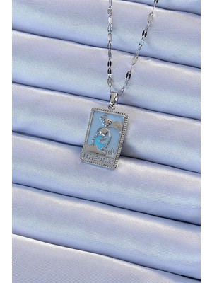 Svoria Store Mey Ithalat® 316L Çelik Zincir Gümüş Renk Mavi Mineli Tarot Kolye