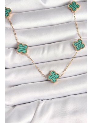 Svoria Store Mey Ithalat® 316L Çelik Gold Renk Zincir Yeşil Yonca Model Kadın Kolye