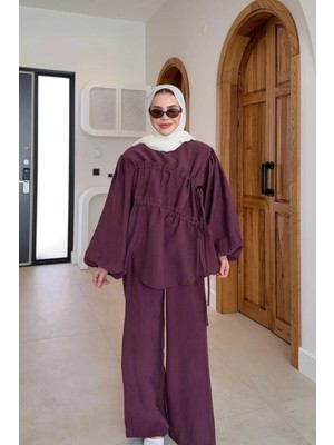 Miraydin Butik Kadın Tensel Önden Büzgülü Tensel Pantolonlu Takım M61879 - Mürdüm