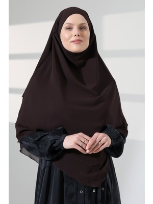 İhvan Online Tesettür Şifon Peçeli Üç Katlı Kısa Sufle Khimar, Pratik Hijab Şal Üçgen Kesim - Kahverengi
