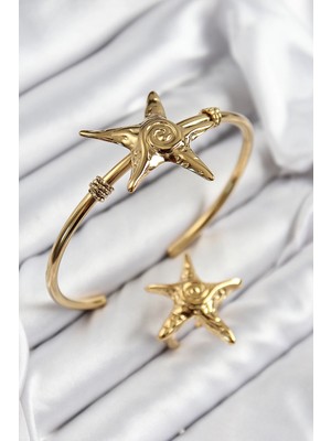 Mey Ithalat® Pirinç Deniz Yıldızı Model Gold Renk Bileklik Yüzük Set