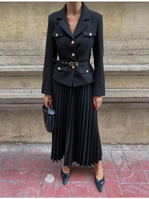 Elizabeth Gold Kemerli Blazer Ceket ve Uzun Etek