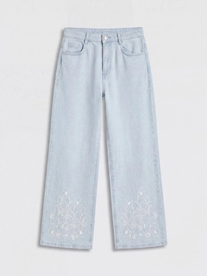 LC Waikiki Lcw Kids Indigo Wideleg Çiçekli Kız Çocuk Jean Pantolon