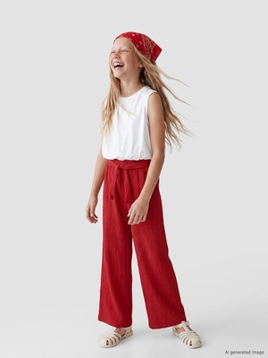 LC Waikiki Lcw Kids Kırmızı Dokulu Geniş Paça Kız Çocuk Pantolon