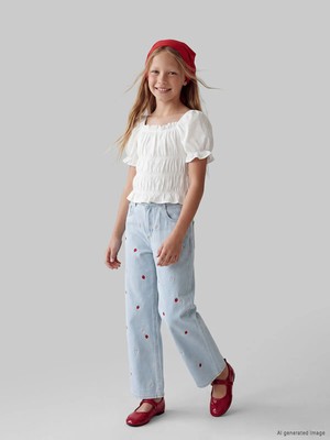 LC Waikiki Lcw Kids Indigo Wideleg Çilek Nakışlı Kız Çocuk Jean Pantolon