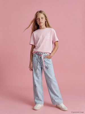 LC Waikiki Lcw Kids Mavi Wideleg Taş Işlemeli Kız Çocuk Jean Pantolon