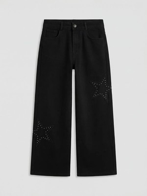 LC Waikiki Lcw Kids Siyah Wideleg Taşlı Kız Çocuk Gabardin Pantolon
