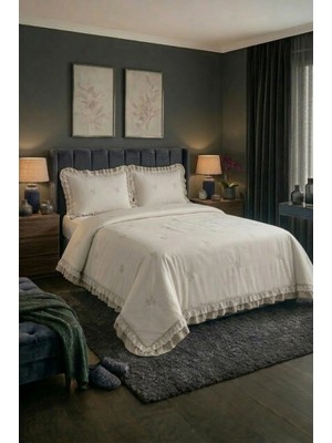 Lal Home Deco Pamuk Dolgulu Çift Kişilik Yatak Örtüsü Seti - Ekru 240X260 cm