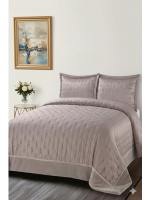 Lal Home Deco Sephora Çift Kişilik Yatak Örtüsü Seti 240X260CM - Mikro Saten Çizgili 2 Yastıklı - Vizon