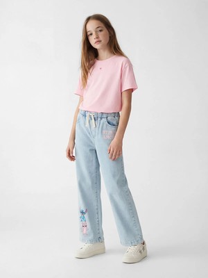LC Waikiki Lcw Kids Mavi Wideleg Stitch Baskılı Kız Çocuk Jean Pantolon