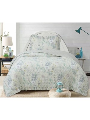 Lal Home Deco Flowers Tek Kişilik Yatak Örtüsü Seti 180X240CM - Volanlı Yastıklı %100 Polyester Modern Mavi Beyaz