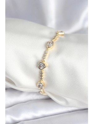 Svoria Store Mey Ithalat® Pirinç Gold Renk Zirkon Taşlı Kalpli Model Kadın Bileklik