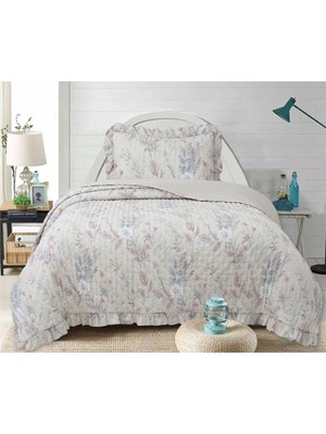Lal Home Deco Flowers Tek Kişilik Yatak Örtüsü Seti 180X240CM - Volanlı Yastıklı %100 Polyester Modern Mavi Pembe