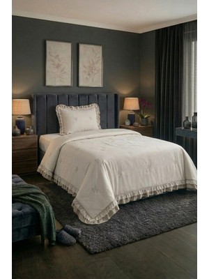 Lal Home Deco Pamuk Dolgulu Tek Kişilik Yatak Örtüsü Seti - 180X240 cm / Çift Taraflı Çiçek Desenli Ekru