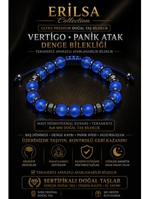 Erilsa Sertifikalı Mavi Hidrotermal Kuvars Terahertz Vertigo Panik Atak Denge Bilekliği - 8 mm Unisex