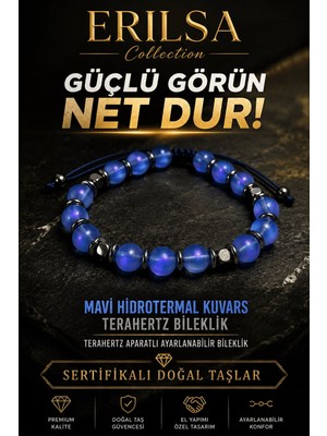 Erilsa Sertifikalı Terahertz - Aura Mavi Hidrotermal Kuvars Taşı Bileklik - 8 mm Ayarlanabilir Unisex