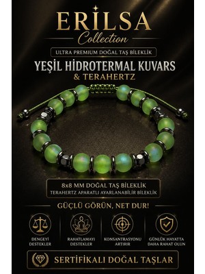 Erilsa Sertifikalı Terahertz - Aura Açık Yeşil Hidrotermal Kuvars Taşı Denge Bilekliği - 8 mm Unisex