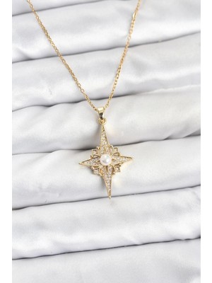 Svoria Store Mey Ithalat® 316L Çelik Zincir Gold Renk Kutup Yıldızı Model Zirkon Taşlı Kadın Kolye