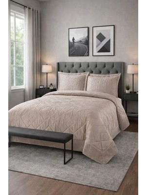 Lal Home Deco Maria Comfort Set Çift Kişilik Yatak Örtüsü 240X260CM - Mikro Saten Mikrofiber Peluş Kenarlı Elyaf Dolgulu - Pudra