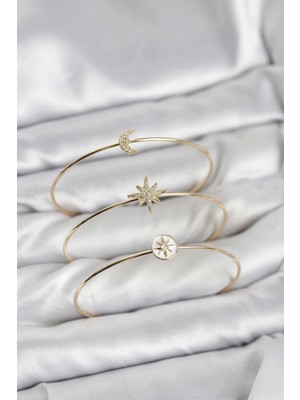 Mey Ithalat® Gold Renk Zirkon Taşlı Kutup Yıldızı Model 3'lü Kadın Bileklik Kombini