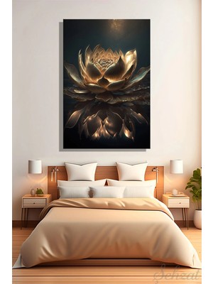 Şehzat Dikey Tekli Kanvas Duvar Tablosu Modern Salon Mutfak Yatak Odası Ofis Lotus Altın Renk Çiçek Floral