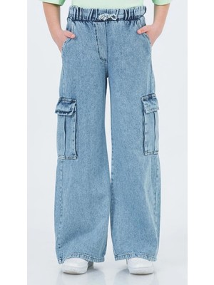 Waka Waka Kids Store Kargo Cepli Beli Lastikli Kız Çocuk Kargo Kot Pantolon - Mavi