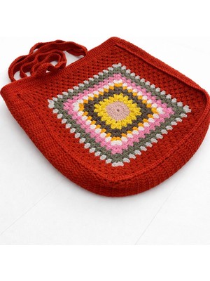 El Örgüsü Granny Square Desenli Tarçın Rengi Omuz Çantası El Yapımı Kadın Çanta