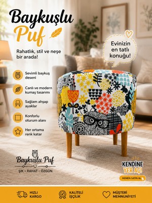 Medet Home Diday Baykuş Puf F Puf Koltuk Puff Dekoratif Şık Fonksiyonel Tabure Modern Desenli Silindir Dijital Baskılı Renkli Bench Dekoratif Bohem Doğal Gürgen Ayaklı Çok Amaçlı Bahçe Ev Balkon