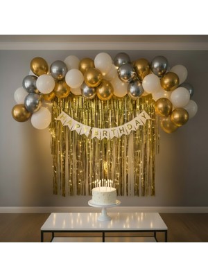 Boxland Gold Beyaz Yetişkin Doğum Günü Parti Süsleme Seti Happy Birthday Banner Arka Fon Balon Seti