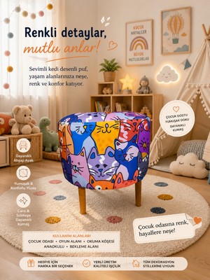 Medet Home Diday Kedi 2 Puf  F Puf Koltuk Puff Dekoratif Şık Fonksiyonel Tabure Moderndesenli Silindir Dijital Baskılı Renkli Bench Dekoratif Bohem Doğal Gürgen Ayaklı Çok Amaçlı Bahçe Ev Balkon