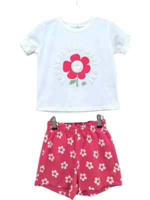 Waka Waka Kids Store Kız Çocuk Çiçek Baskılı Tişört ve Şort Takımı – Pembe-Beyaz (2-6 Yaş)