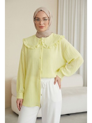 Moda Morfo Önü Kurdele Detaylı Düğmeli Önlük Yaka Gömlek -Açık Sarı